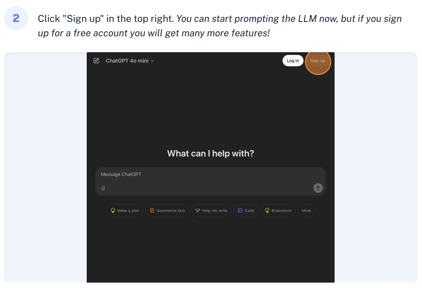 chatgpt login (Home screen showing “Sign up” button in top right)